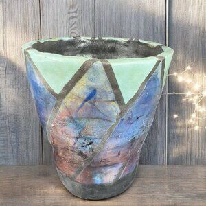 Vintage Raku Pottery Hand Made Heavy Vessel Signed CI Raku P2 Iridescent Finish